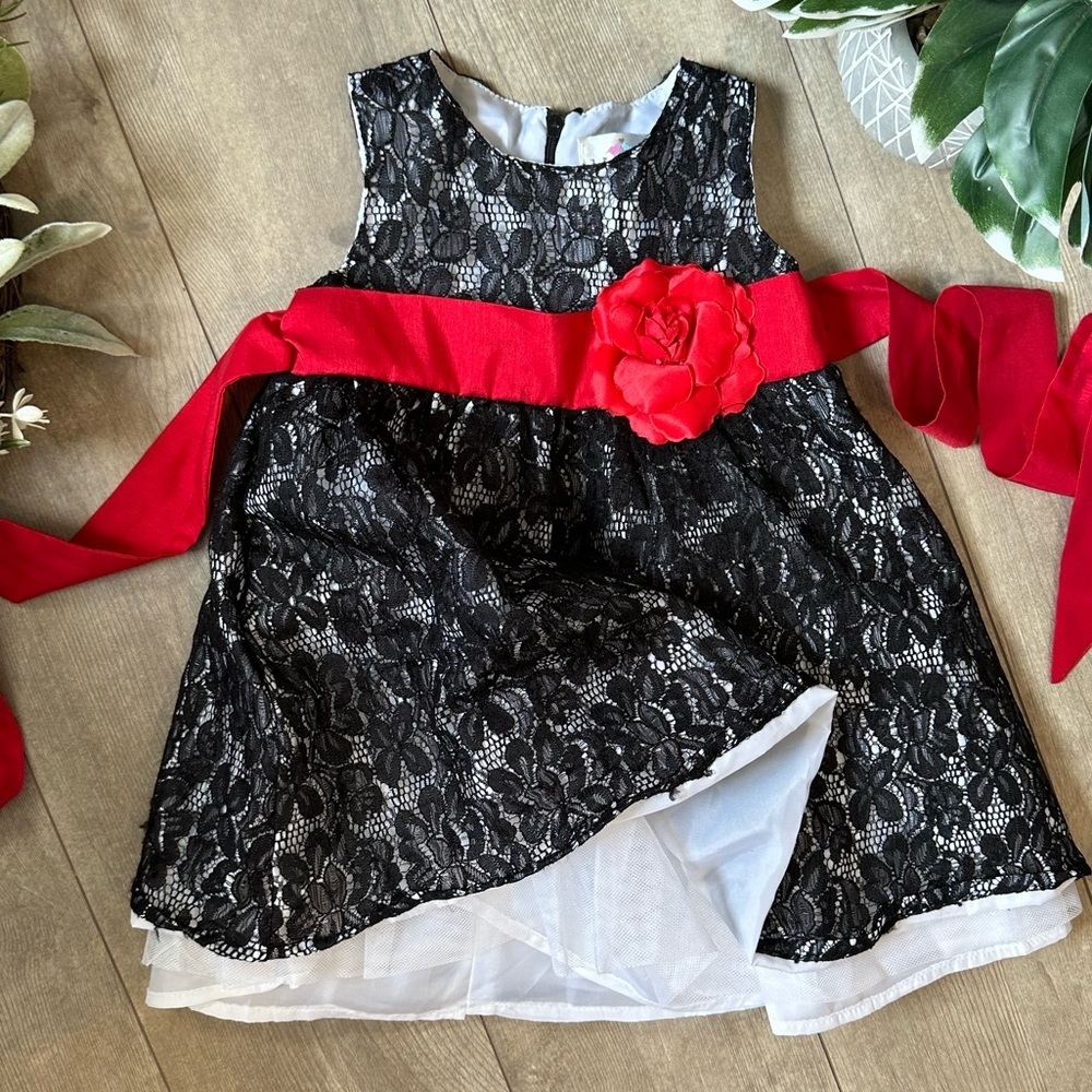 Lilybird Formal Dress Black Lace Pattern Polysilk Floral Sash Baby Toddler Girl